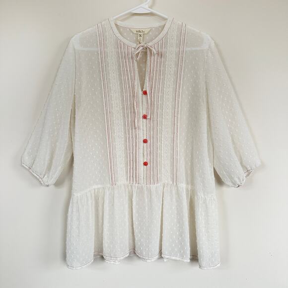Matilda Jane Sheer Swiss Dot Peplum Blouse 3/4 Sleeves Cream Woman's size Medium - Picture 2 of 11